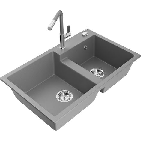 Mexen Tomas fregadero de cocina de granito de 2 compartimentos con grifo Flora, gris - 6516-71-670401-06 (1/5)