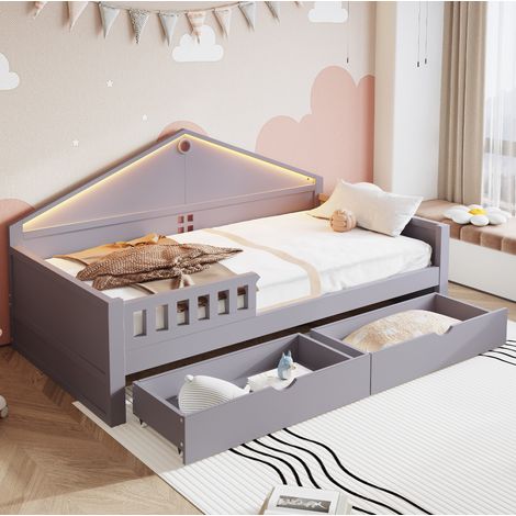 Einzelbett 90x200 cm grau aus Massivholz, MDF und Kiefer mit LED-Leiste und 2 Schubladen (1/5)