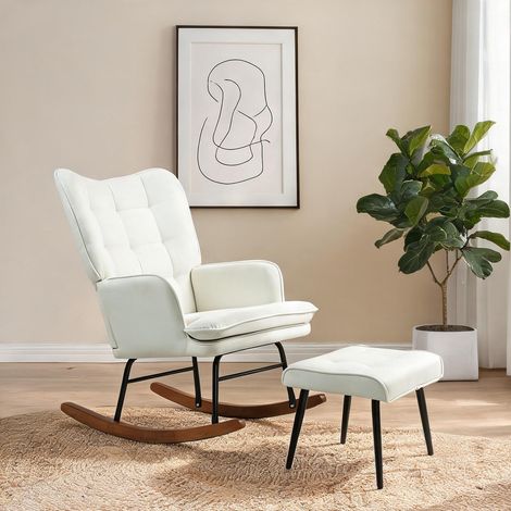 Fauteuil à bascule blanc cassé avec repose-pieds en polyester (1/5)