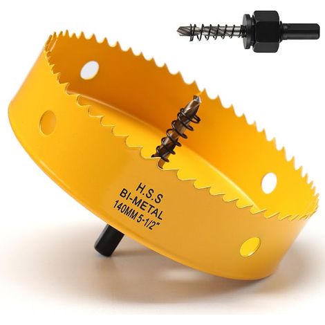 Scie cloche 140mm, Scie Trépan avec adaptateur hexagonal et embout central, Bi-métal HSS M42 scie cloche pour plastique, aluminium, plaques de plâtre, Jaune (1/5)