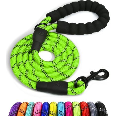 Dog rope, nylon dog leash with soft padded handle and reflective threads, 150 cm x 1.2 cm, green