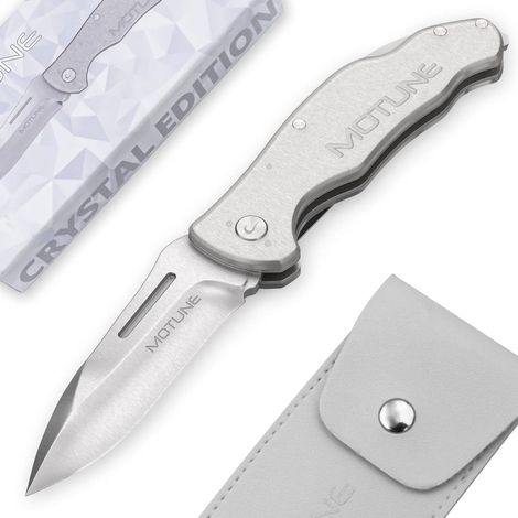 MOTUNE® Zweihand Klappmesser 2-in-1 KP26 Crystal Edition - Taschenmesser mit transparentem ABS-Griff - Zweihandmesser aus Edelstahlklinge SANDVIK 14C28N - mit Gürteltasche (1/5)