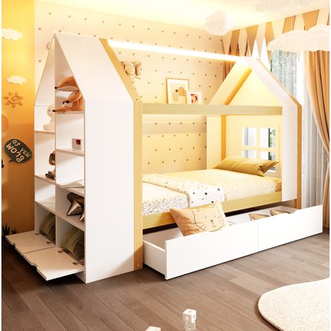 Letto a casetta 90/200 cm in legno massiccio bianco/naturale con LED e spazio contenitore (1/5)
