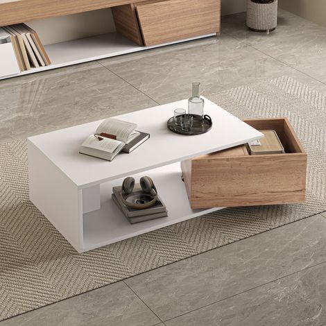 Table basse pivotante 360° 90x50x30 cm avec 1 tiroir rangement ouvert haute brillance MDF , Blanc et Bois (1/5)