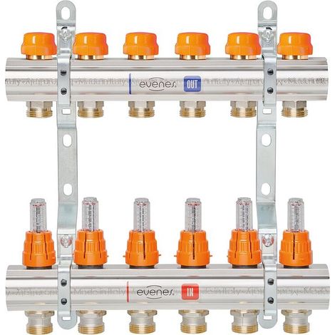 Collecteur de circuit de chauffage evenes M 6,7 Dynamic, DN25 (1") laiton, 7 circuits de chauffage avec débitmètre (1/2)