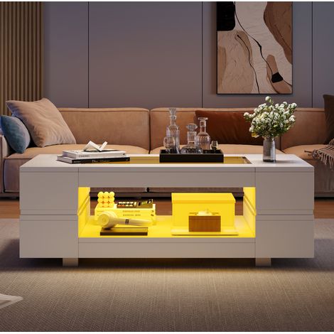 Tavolino LED 100x50x35 cm bianco, vano aperto, vetro temperato e legno MEUBLIV (1/5)