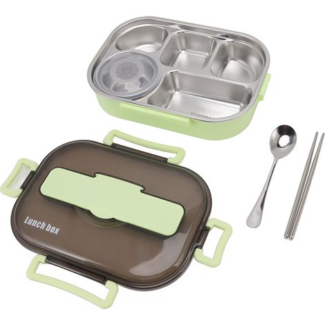Boîte à lunch isotherme en acier inoxydable avec bol à soupe, baguettes et cuillère, pour adultes et enfants (vert). (1/5)
