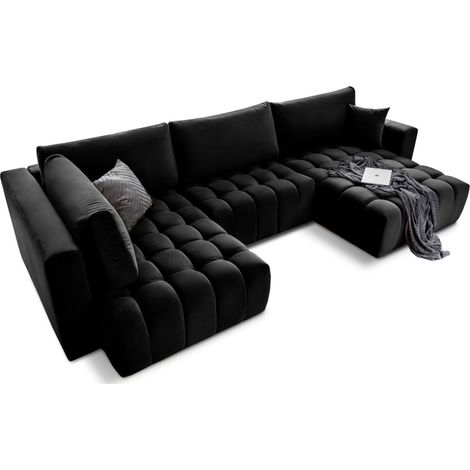 Sofá de esquina BONITA convertible 6 plazas negro efecto terciopelo – derecho – 350x175cm (1/3)
