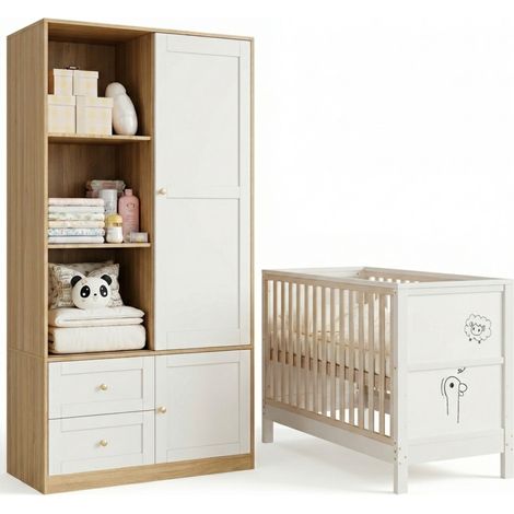 Ensemble de meubles pour chambre d'enfant comprenant un lit bébé et une armoire, un lit bébé en bois massif avec table à dessin (120 x 60 x 90 cm) et une armoire à portes coulissantes avec tringle à v (1/5)