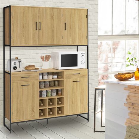 Aparador de cocina DETROIT de 120 cm con 5 puertas + cajones + botellero, diseño industrial