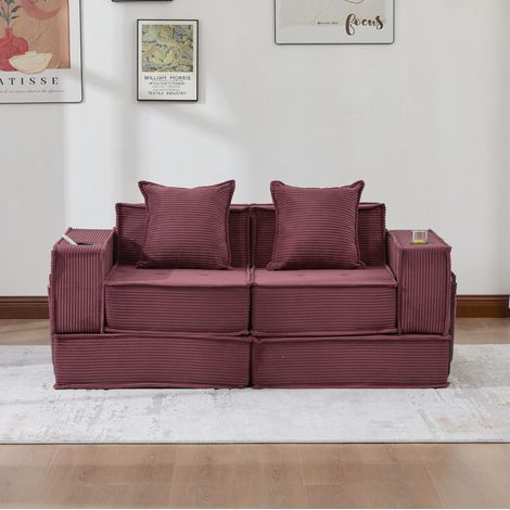 Modulares Pouf-Sofa 162x78x66 cm weinrot aus Cord mit Seitentaschen und 2 Kissen (1/5)