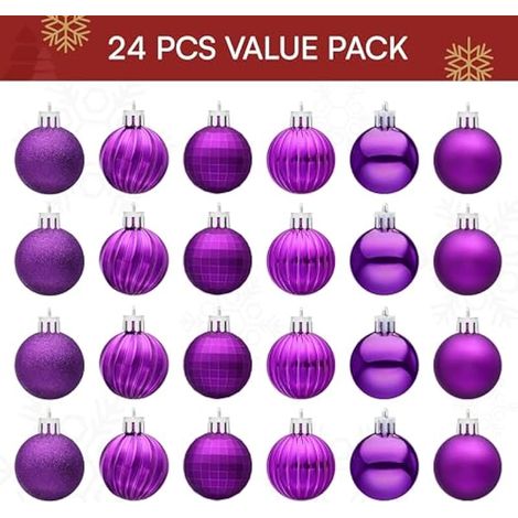 Lot de 24 boules de Noël incassables à suspendre pour sapin, couronne, guirlande, décoration de mariage et d'intérieur (violet) (1/4)