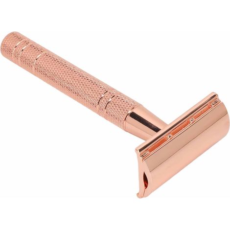 Tondeuse à barbe manuelle de sécurité avec manche à double lame, lavable, pour hommes, couleur or rose. (1/5)