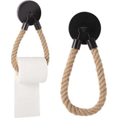 Stück Wandmontierter Toilettenpapierhalter mit Seil, Toilettenpapierrollenhalter, Vintage-Wand-Toilettenpapierspender aus Holz mit Metall- und Hanfseil (Schwarz)