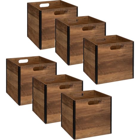 Lot de 6 boîtes de rangement effet bois et métal (1/2)