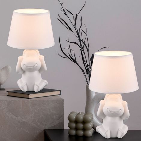 Tischlampe Nachttischleuchte Affe Keramik weiß Beistellleuchte Affe Stoffschirm, Schnurschalter, 1x E14 Fassung, DxH 17x27 cm, 2er Set