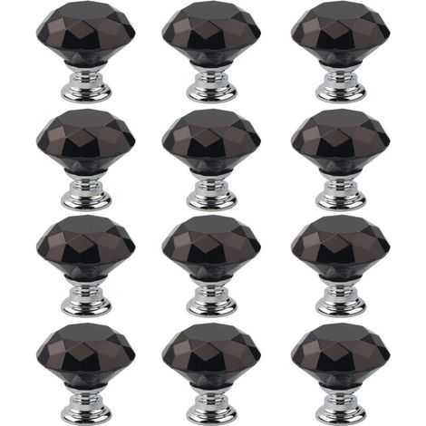 SABIR Lot de 12 poignées d'armoire en cristal noir, bouton d'armoire avec taille, bouton de porte, tirette de tiroir, poignées de porte pour cuisine, bureau, chambre, armoire (30 mm) Lefou STOL (1/5)