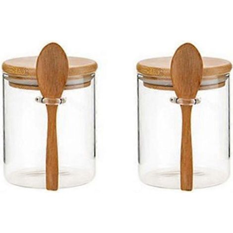 Lot de 2 sucriers avec couvercle en bambou et cuillère, bocaux en verre transparent pour le rangement dans la cuisine. (1/5)