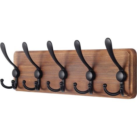 Porte Manteau Mural Bois Brun, Le Style Rustique, 44cm Longue,Grand Porte-manteau Mural avec 5 Crochets Triples Pour suspendre (1/5)
