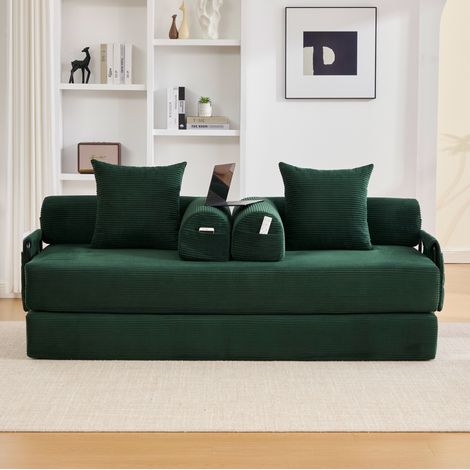 Divano modulare 200x94x67 cm, con 3 cuscini, tasca laterale, velluto a coste, Emerald (1/5)