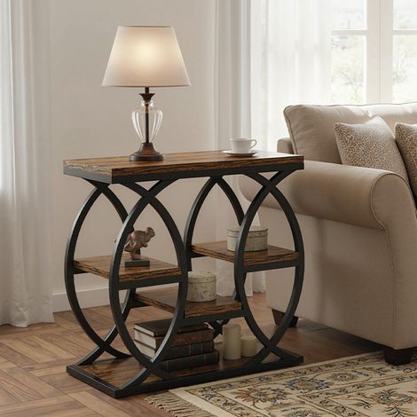 60 × 30 × 60 cm – Schmaler Nachttisch mit 4 Ablagen – Halbkreisförmiges Metallgestell – Braun