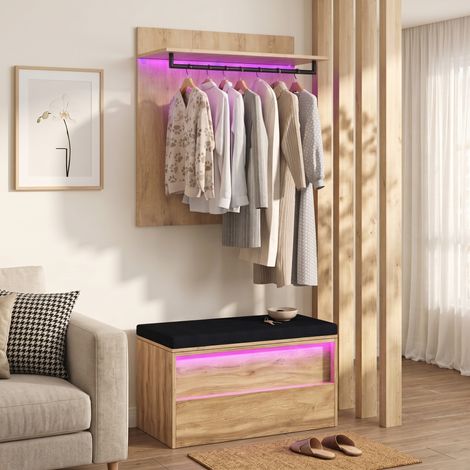 Tkopy - Meuble entree, vestiaire d'entrée, comprend un porte-manteaux, une lampe LED, des coussins et une tringle à vêtements, meuble chaussure entree, banc chaussures entrée, 90x47x145 cm, Naturel (1/5)