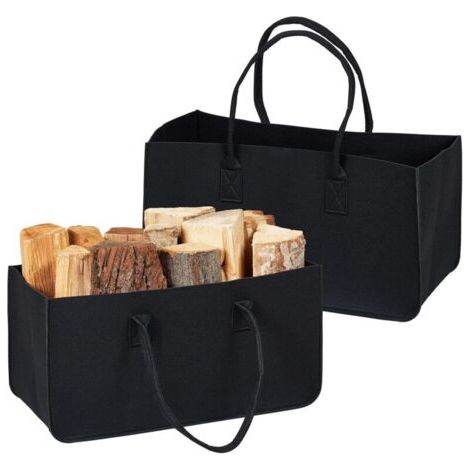 Log-Korb, Set di 2 pezzi, Sacco di conservazione in feltro per legna da ardere, 28 litri, con maniglie, nero (1/4)