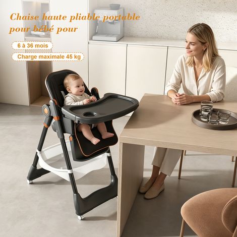 Hochstuhl Baby verstellbar 0-6 Jahre, tragbarer Kindersitz mit Sicherheitsgurt, leise bremsbare Rollen, pflegeleicht für Zuhause – Schwarz (1/5)