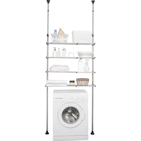 Étagère Télescopique de Salle de Bain Etagère au-Dessus des Machine a Laver Toilettes WC Rangement en Métal avec 4 Tablettes, Réglable en Hauteur et Largeur, sans Perçage, Noir (1/5)