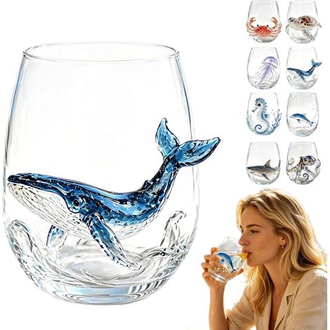 Verre artisanal en forme de pieuvre à anneaux bleus, verres à vin sans pied en forme de pieuvre 3D, fabriqués à la main, verre de bar, décoration d'intérieur côtière, cadeau pour les amateurs (1/5)