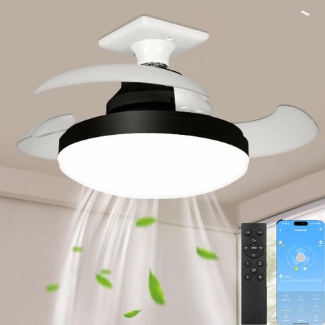 Dimmable Ceiling Fan with Remote Control, Retractable Blades, 4 Wind Speeds, App Control, 38cm (Black).