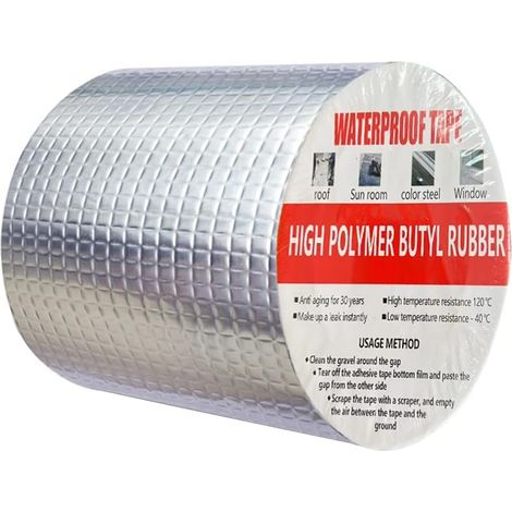 Bande de butyle bande imperméable à l'eau d'asphalte enduite à l'extérieur adhésive en caoutchouc de butyle feuille d'aluminium d'étanchéité fuite de toit (10cm X 5m) (1/5)