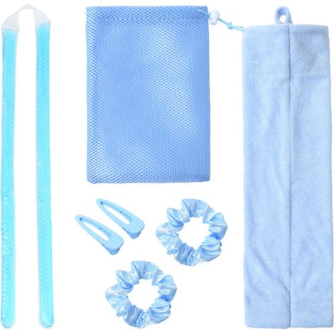 Kit de coiffage sans chaleur avec perles de gel, fer à friser, bigoudis de nuit, outils de coiffure DIY, élastiques, pinces et pochette de rangement pour cheveux mi-longs.