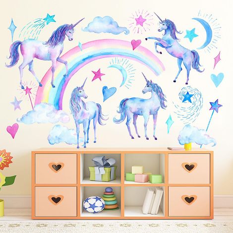 Stickers muraux Licorne Arc-en-ciel Lune Étoile Nuage Décoration pour chambre d'enfant et salon (1/4)