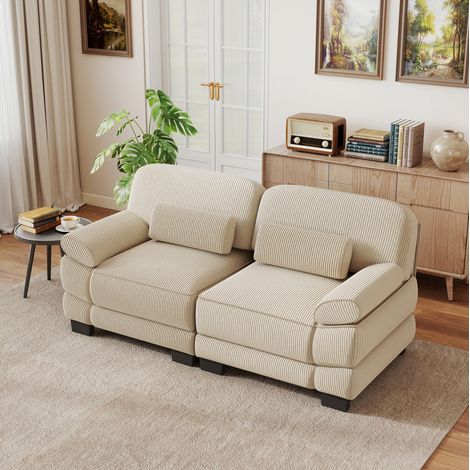 MODFU – Divano 2 posti modulare 194x88,5x94 cm in velluto a coste con cuscino lombare, braccioli, schiuma HD e carico 300 kg – Beige (1/5)