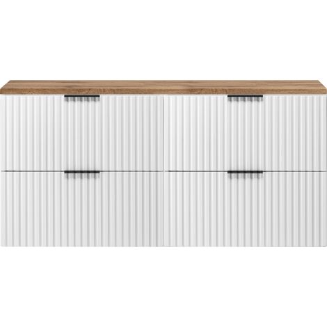 Furnidea - Meuble sous vasque à suspendre FLOW blanc avec le plan chêne wotan 120 cm - 4 tiroirs - façades rainurées (1/5)