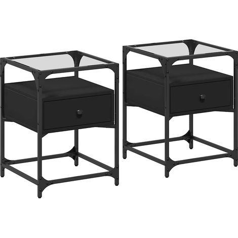 Set di 2 comodini con cassetto 40 x 40 x 55 cm in legno lamellare nero, acciaio e vetro DEC035581