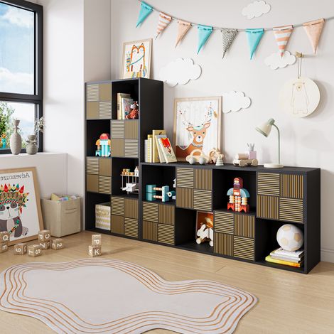Bibliothèque enfant 120x30x60 cm avec 8 compartiments et 4 portes Moderne - Panneaux de particules - Noir