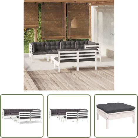 The Living Store Salon de jardin 8 pcs avec coussins blanc bois de pin massif - Salon De Jardin - Mobilier De Jardin - Ensemble Salon De Patio - Meubles De Jardin - Bois De Pin (1/5)