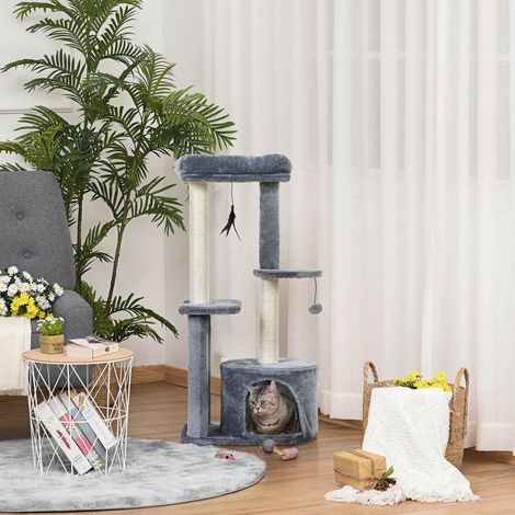 Arbre à chat multi-niveaux de 103 cm avec poteaux à griffer en sisal, maison en peluche et balle. Gris. (1/5)