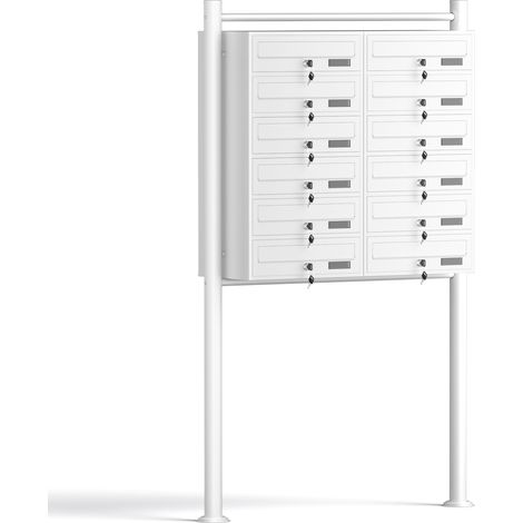 Wiltec 12er Briefkastenanlage weiß 945 x 270 x 1500 mm, Standbriefkasten mit 2x6 Fächern, Schlüssel und Namensschild, Briefkasten Postkasten mit Ständer