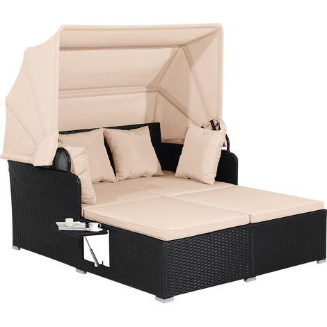 COSTWAY Lettino Prendisole in Rattan, Lettino da Giardino per 2 Persone con Tettuccio Retrattile, Cuscini Spessi, Ideale per Giardino Cortile Portico Prato, 165 x 153 x 138 cm (Beige) (1/5)