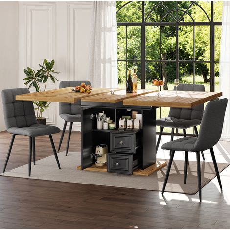 Tavolo da pranzo allungabile 110x80x75 cm, piano estraibile, contenitore integrato, MDF e metallo, legno naturale (1/5)