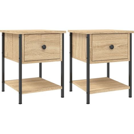 Conjunto de 2 mesitas de noche con cajón y estante 34 x 35,5 x 45 cm madera de ingeniería color roble y hierro DEC035220