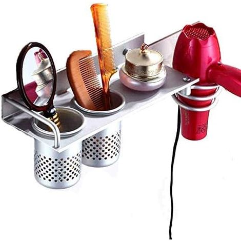 Support Mural pour sèche-Cheveux, Multifunctional en Aluminium avec 2 Tasses Support de Lisseur Argent 29 x 12 x 10cm,Vis fournie avec. (1/5)