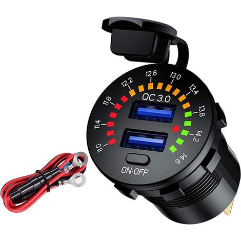 QC3.0 36W Dual-USB-Autoladegerät, wasserdichte 12V-USB-Buchse mit digitalem Farbvoltmeter, Ein-/Ausschalter und eingebauter 10A-Sicherung für 12V/24V-Fahrzeuge, Motorräder, Boote, ATVs, Busse und LKWs