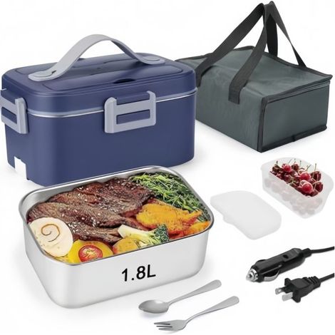 Boîte à lunch électrique avec sac thermique et couverts, Chauffe-plats 12V 24V 220V, Boîte à lunch en acier inoxydable 75W 1,8L (1/4)