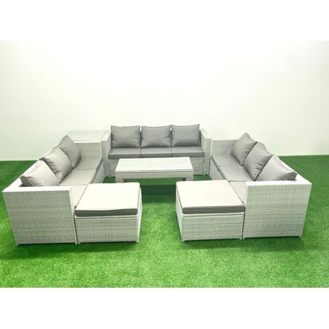 Fimous Ensemble de meubles d'extérieur en rotin 11 places avec Table basse oblongue 2 Grand tabourets Table d'appoint Gris clair mixte (1/5)