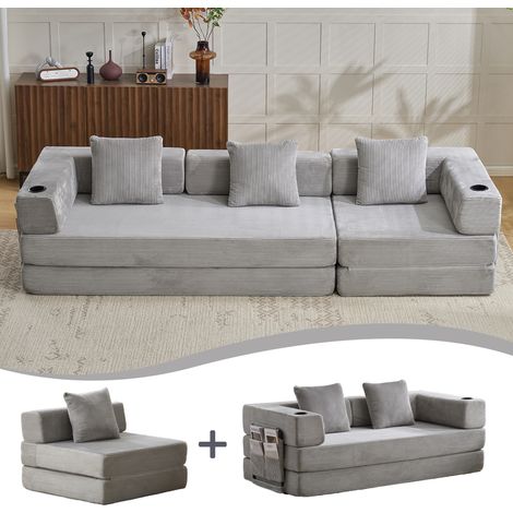 Canapé de sol convertible, canapé-lit de sol avec coussins de soutien lombaire et accoudoirs, lit confortable avec porte-gobelet et poche latérale, tissu velours côtelé, pour salon et chambre, gris cl (1/4)