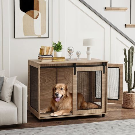 Cage pour chiens,boîte de transport pour chiens,boîte de retraite pour animaux de compagnie,portes verrouillables,98 x 60 x 78 cm,marron clair